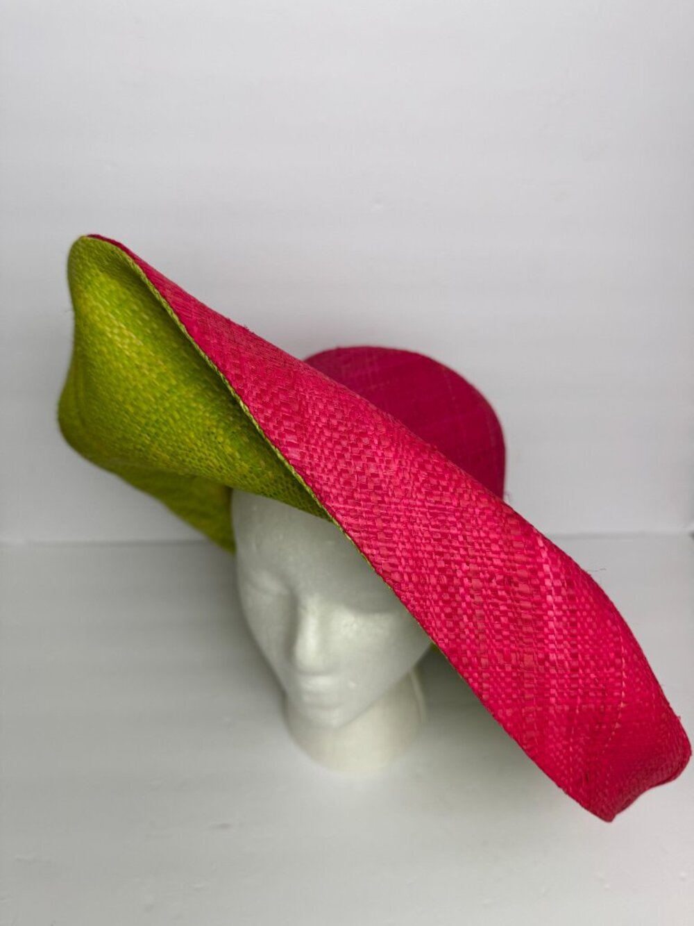 Hand Woven Madagascar Big Brim RAFFIA Sun Hat Pink & Neon Green Sz XL 23.5" - Picture 11 of 12